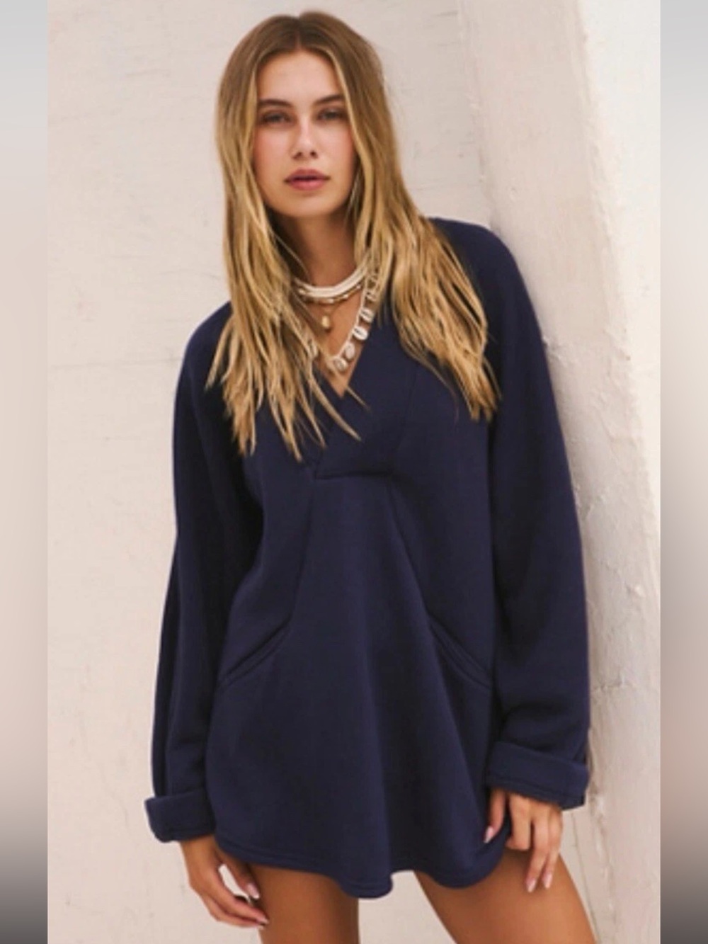 FreePeople FP Beach Marguerite Pullover L Navy Oversized KangarooPocket Made USA